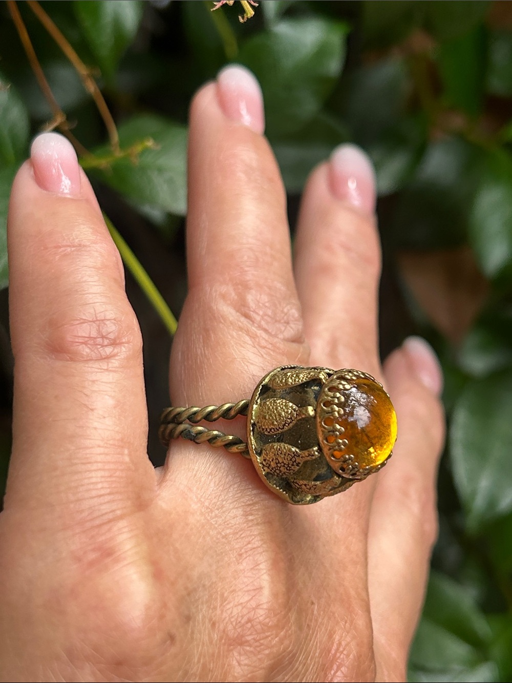 Vintage Germany  Amber Glass Cabochon Brass Ring